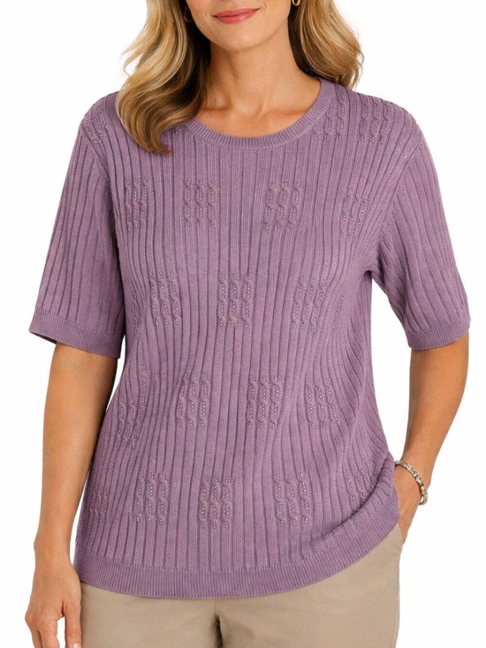Alfred Dunner Purple Short Sleeve Sweater XL Embellished Beaded Ribbed Knit